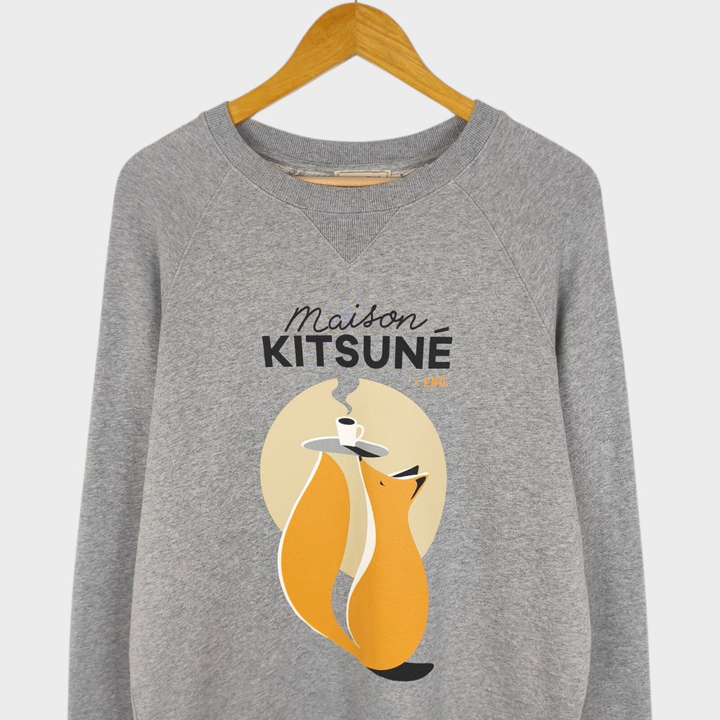 MAISON KITSUNE Men's Grey Fox Print Crewneck Cotton Sweatshirt