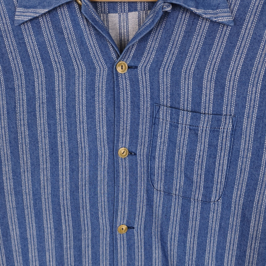 MOMOTARO Men's Made in Japan Blue Striped Camp Collar Short Sleeved Shirt