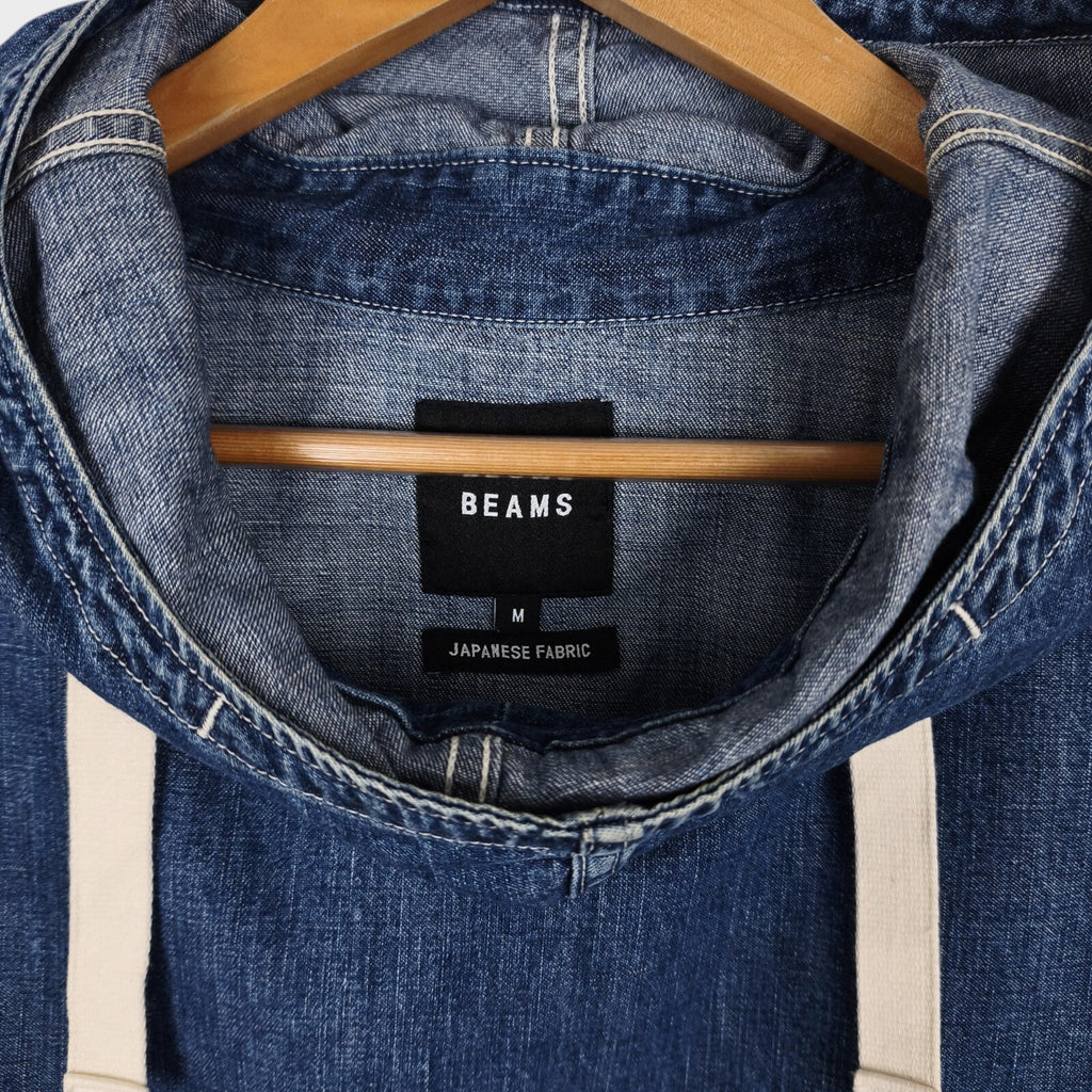BEAMS Men's Relaxed Fit Washed Blue Denim Anorak Smock Jacket