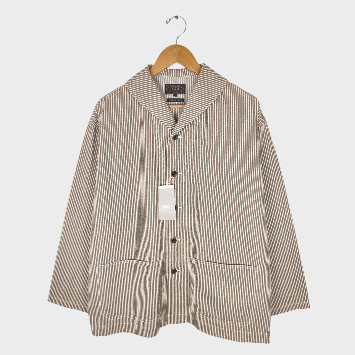 BEAMS PLUS Men's Hickory Striped Military Shawl Collar Jacket