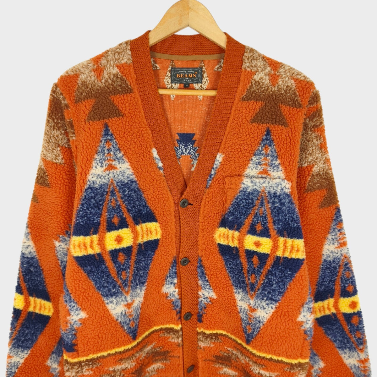 BEAMS PLUS Men's Navajo Fleece Jacquard Pattern Cardigan