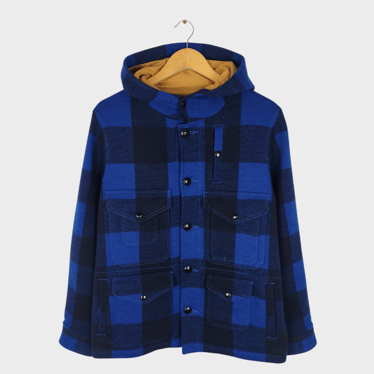 BEAMS PLUS Men's 100% Wool Blue Check Hooded Mackinaw Cruiser Jacket