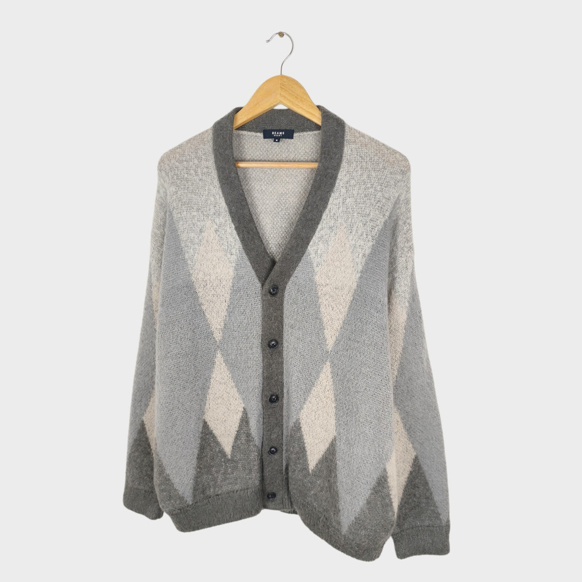 BEAMS HEART Men's Mohair Wool Blend Shaggy Grunge Argyle Cardigan