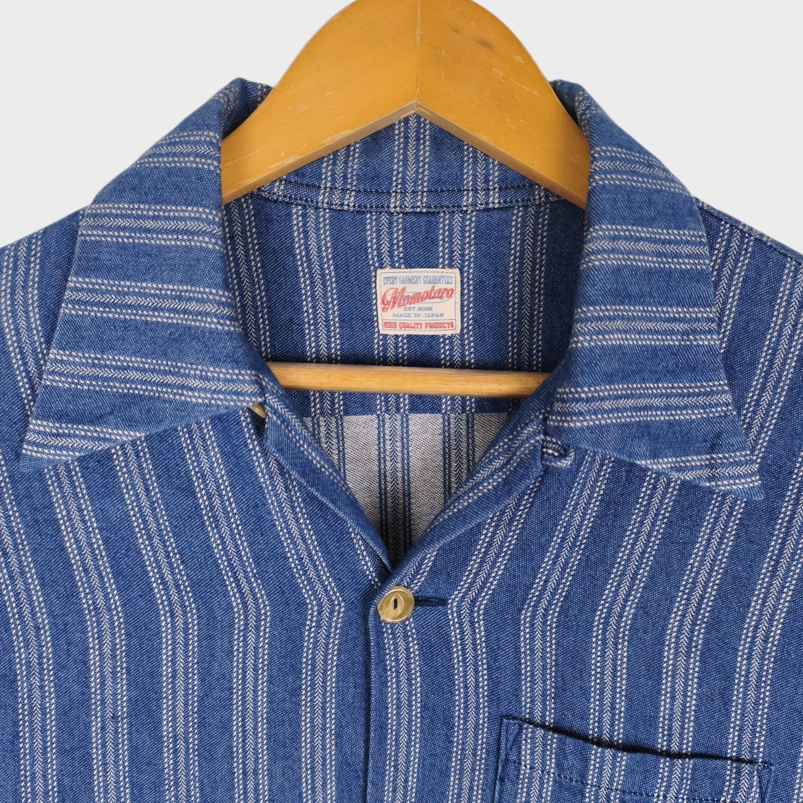 MOMOTARO Men's Made in Japan Blue Striped Camp Collar Short Sleeved Shirt