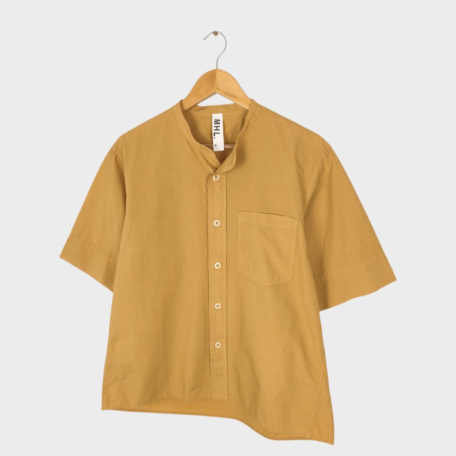 MHL MARGARET HOWELL Men's Camel Band Collar Short Sleeved Shirt