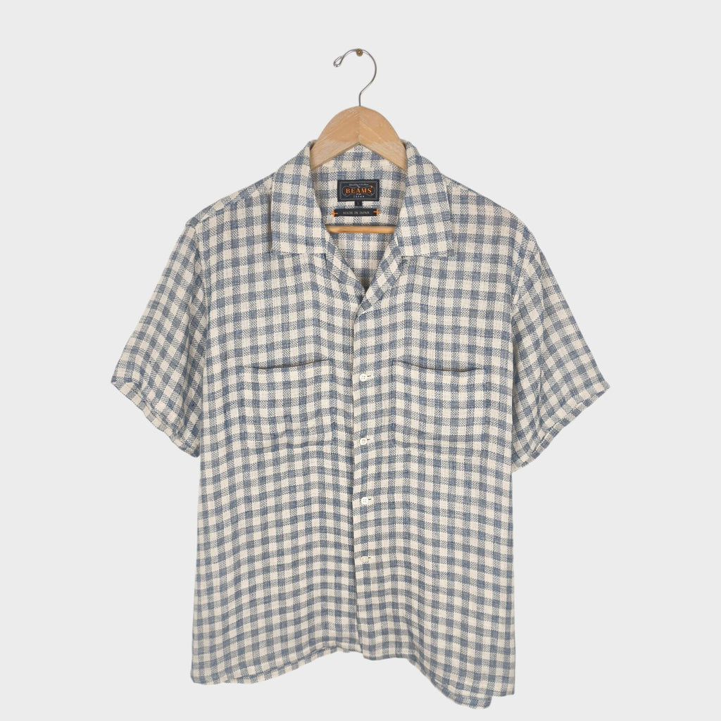 BEAMS PLUS Men's Made in Japan 100% Linen Checked Knitted Vacation Shirt