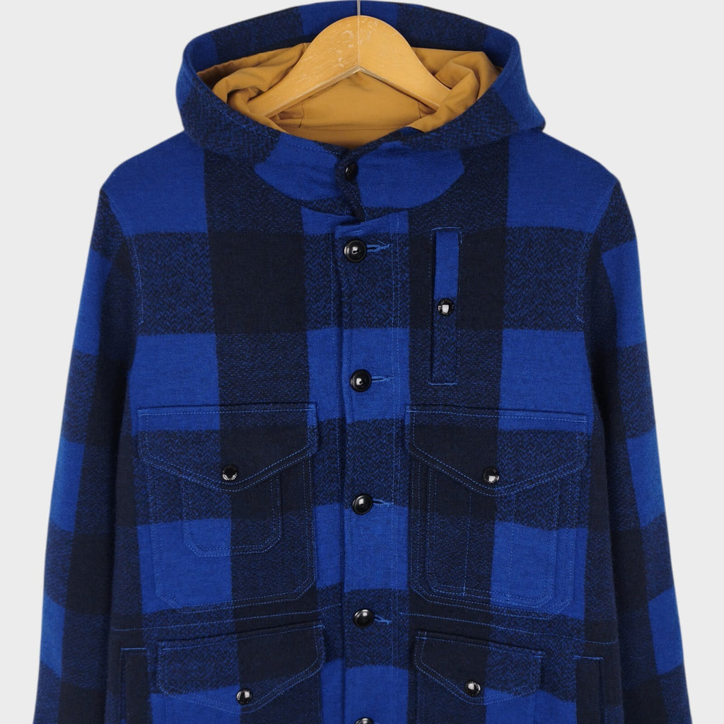 BEAMS PLUS Men's 100% Wool Blue Check Hooded Mackinaw Cruiser Jacket