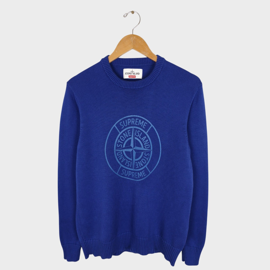 STONE ISLAND x SUPREME Men's Blue Cotton Reflective Compass Knit Jumper