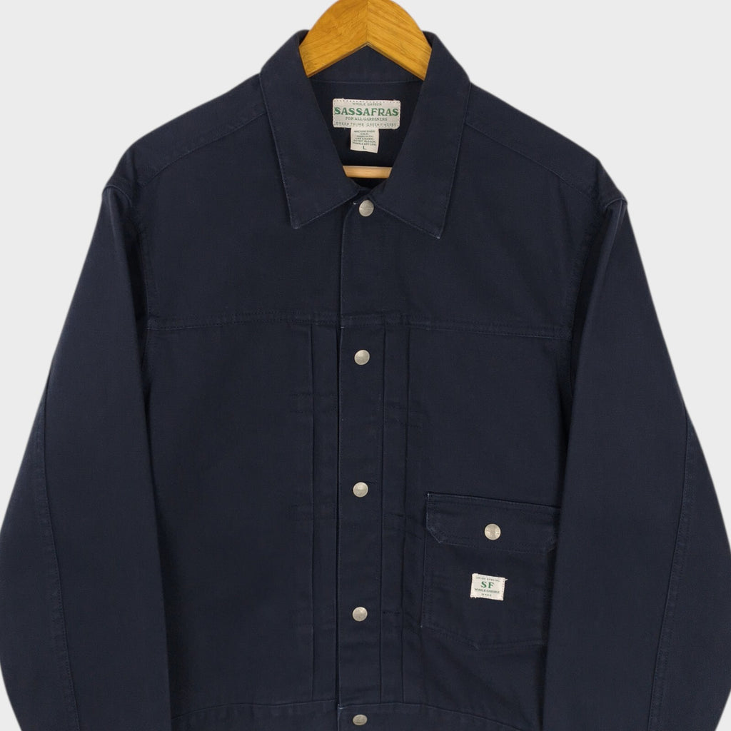 SASSAFRAS Men's Made in Japan Navy Duck Canvas Gardener Trucker Jacket