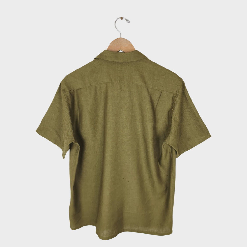 BEAMS PLUS Men's Made in Japan Olive Green Linen Blend Camp Collar Shirt