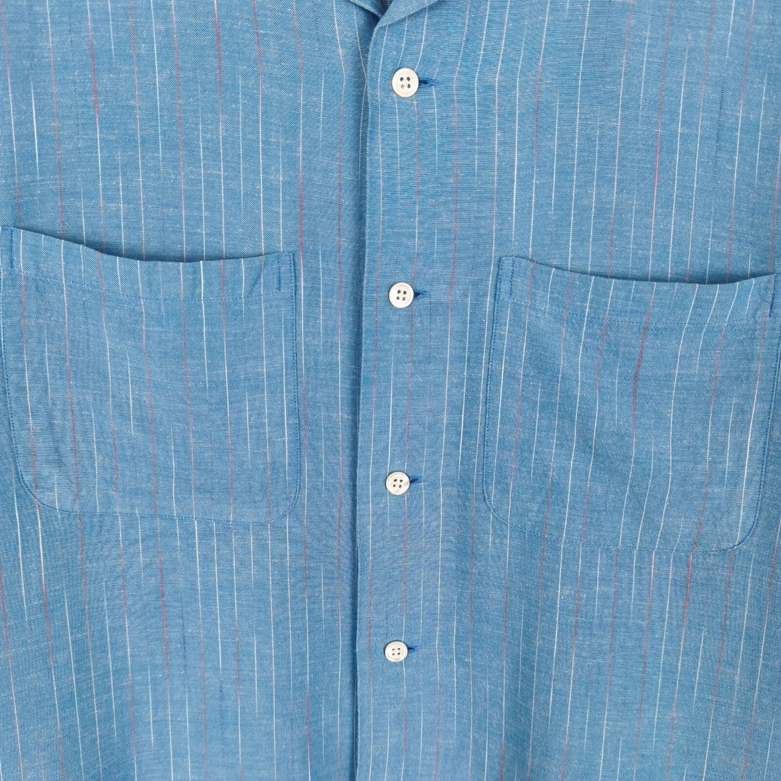 BEAMS PLUS Men's Made in Japan Rayon/Linen Striped Short Sleeved Shirt