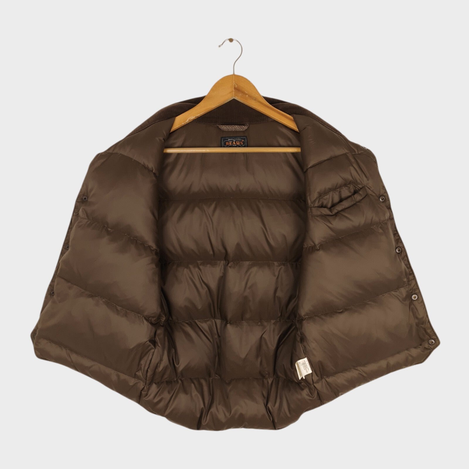 BEAMS PLUS Men's Brown Herringbone Wool Blend Down Feather Utility Gilet