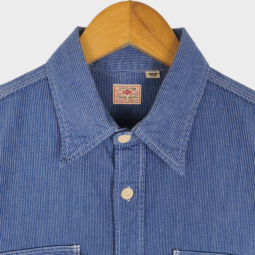 SUGAR CANE Men's Made in Japan Blue Embroidered Striped Utility Work Shirt
