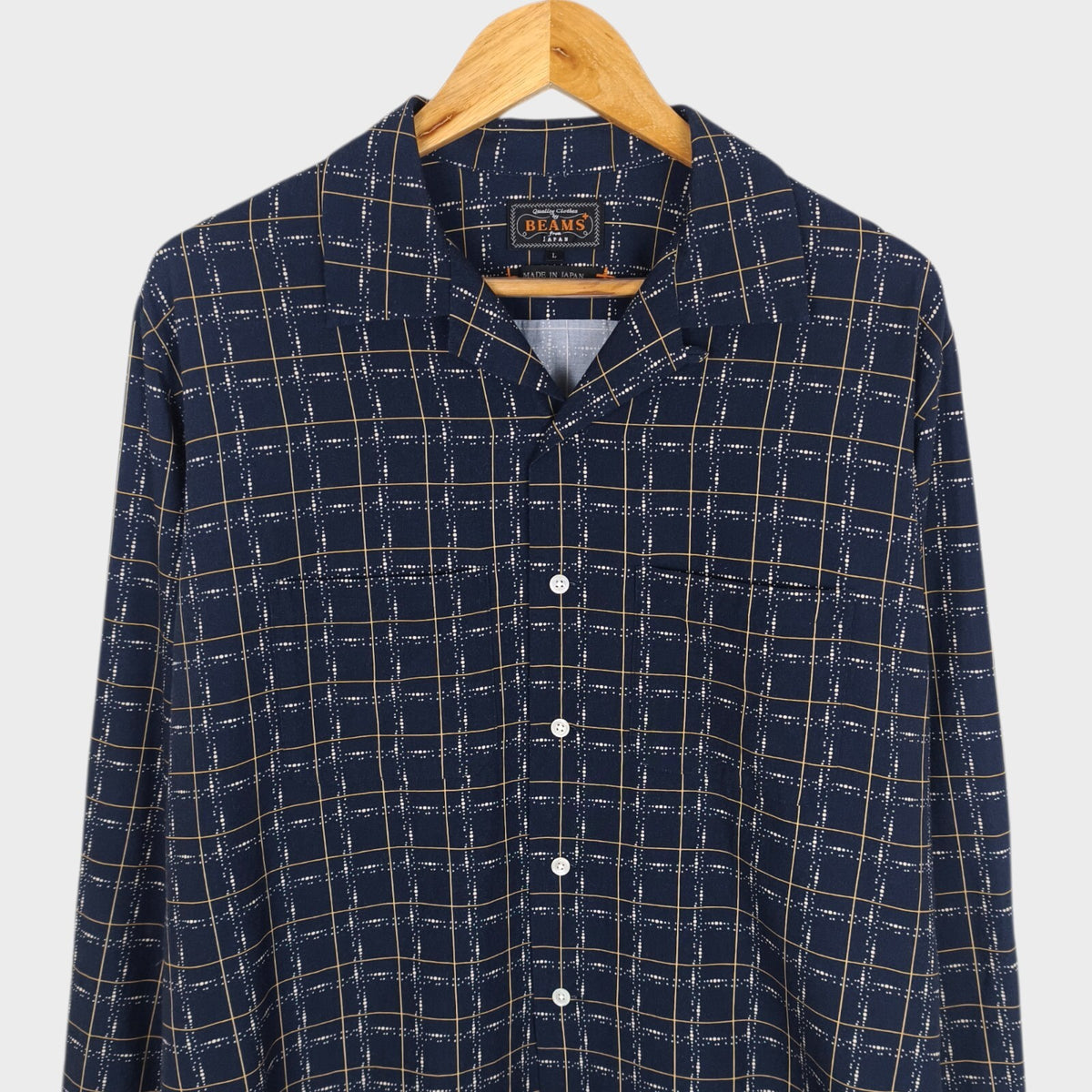 BEAMS PLUS Men's Made in Japan Rayon/Cotton Checked Camp Collar Shirt
