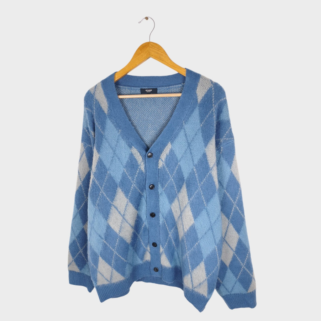 BEAMS HEART Men's Blue Relaxed Shaggy Grunge Argyle Cardigan