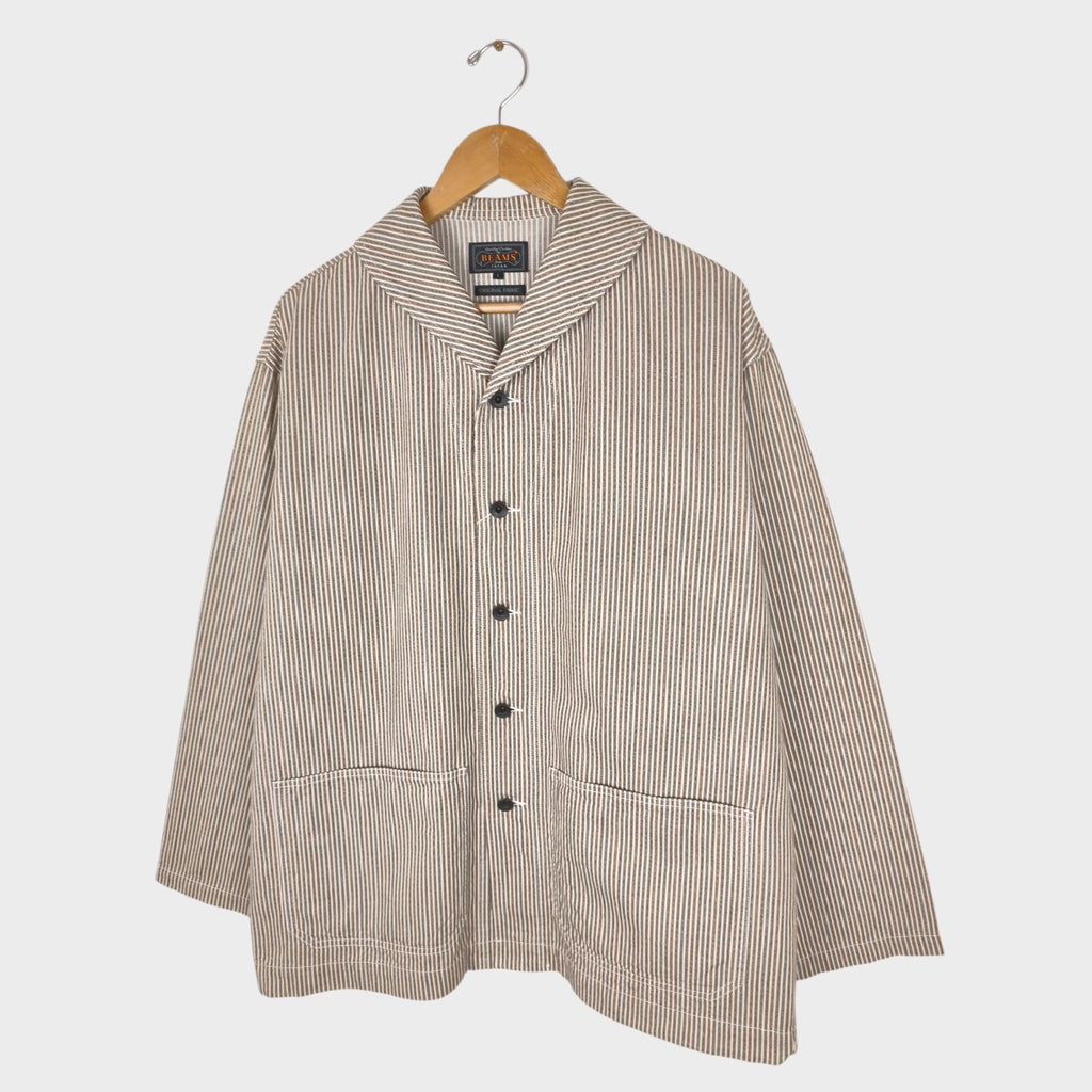 BEAMS PLUS Men's Hickory Striped Military Shawl Collar Jacket