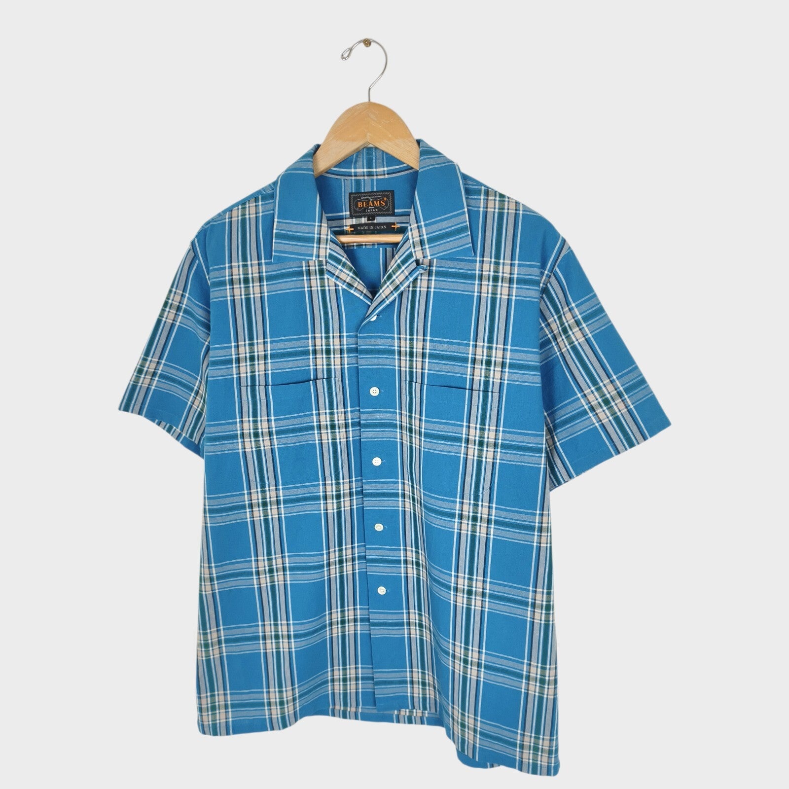 BEAMS PLUS Men's Made in Japan Cotton Checked Camp Collar Shirt