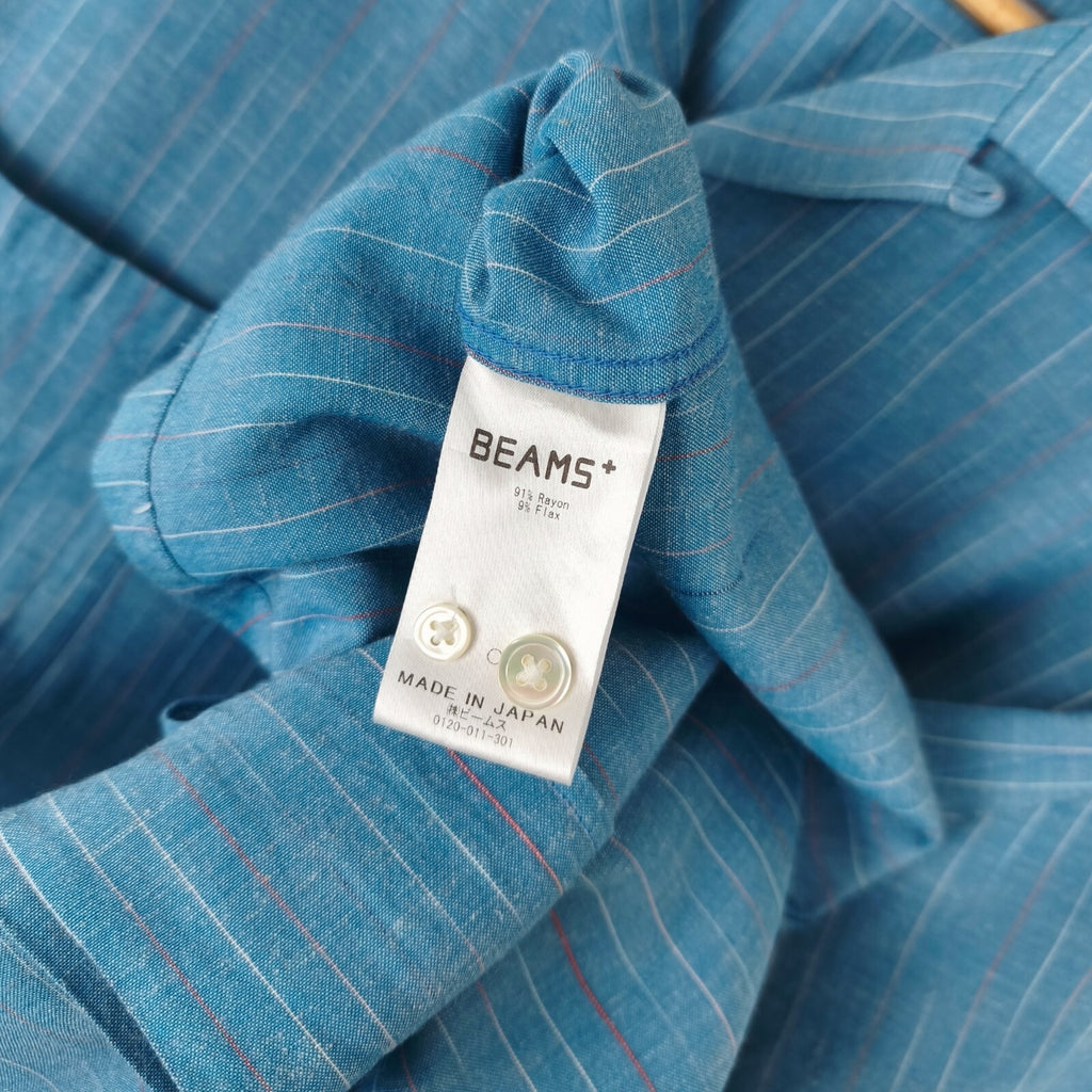 BEAMS PLUS Men's Made in Japan Rayon/Linen Striped Short Sleeved Shirt