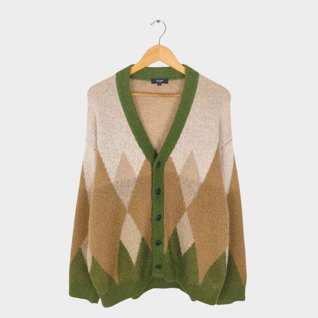 BEAMS HEART Men's Mohair Wool Blend Shaggy Grunge Argyle Cardigan