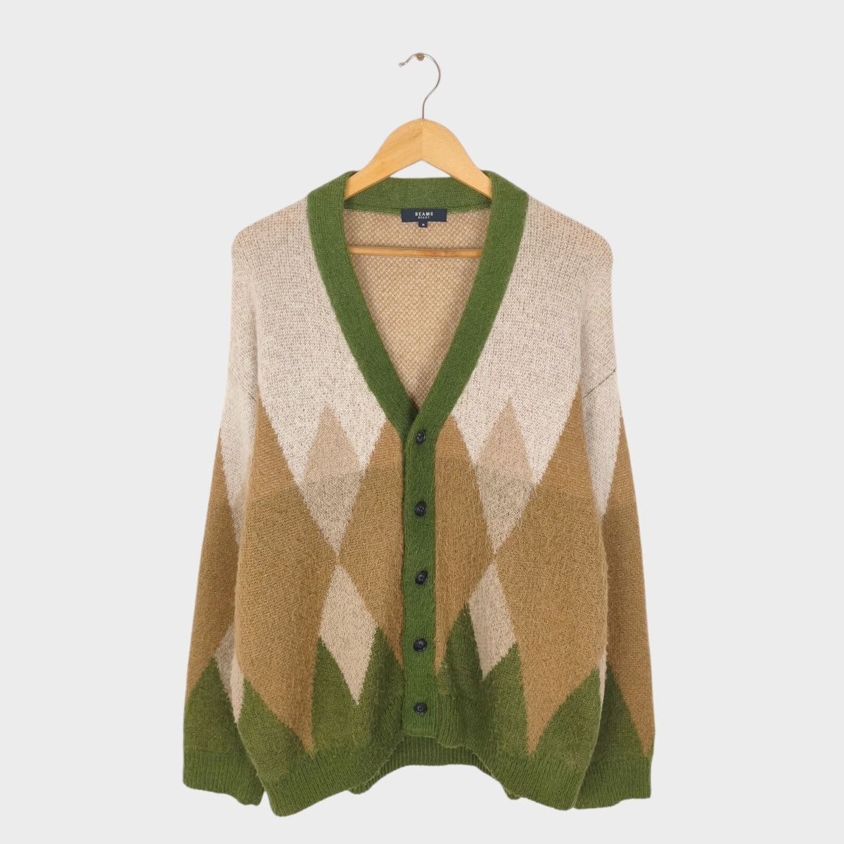 BEAMS HEART Men's Mohair Wool Blend Shaggy Grunge Argyle Cardigan