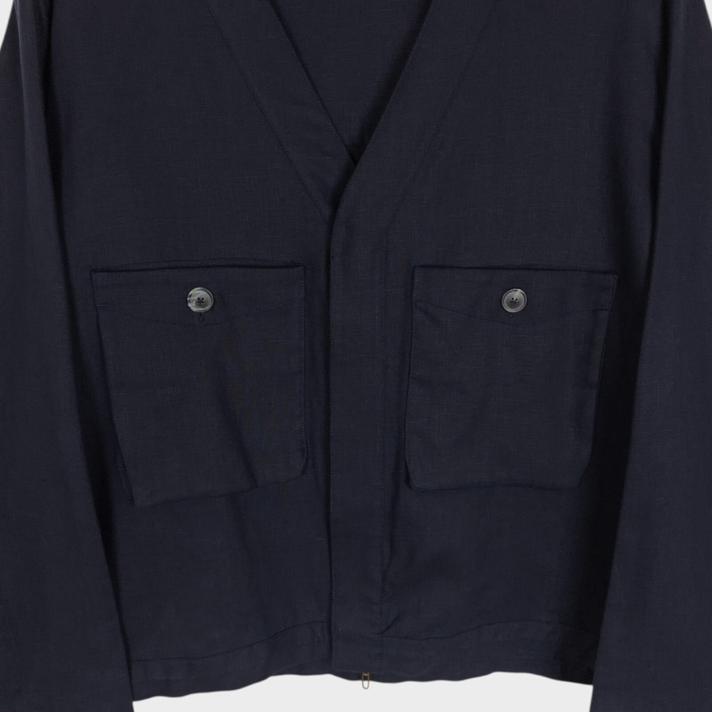 PUBLIC TOKYO Men's Navy Blue Made in Japan 100% Linen V-Neck Utility Jacket