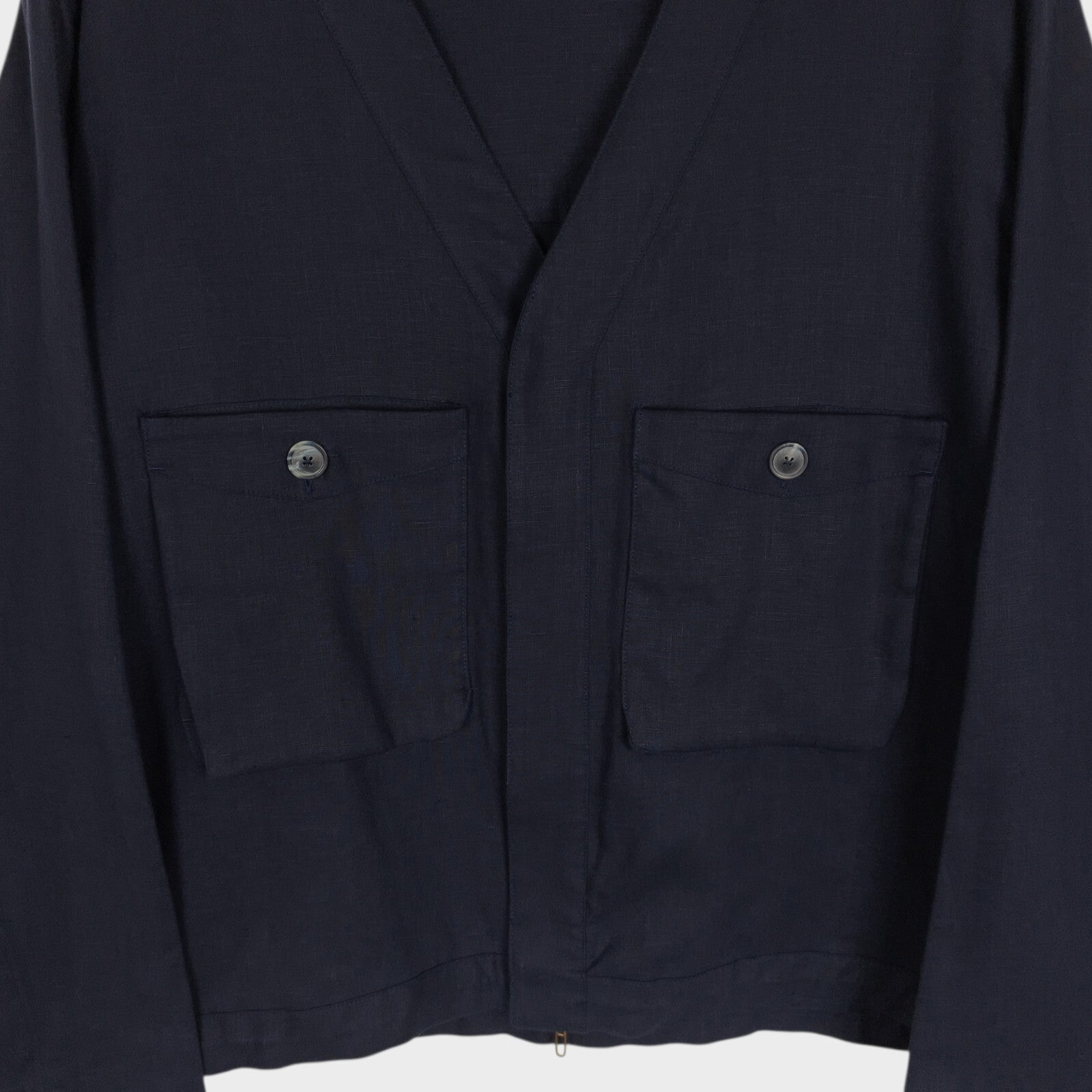 PUBLIC TOKYO Men's Navy Blue Made in Japan 100% Linen V-Neck Utility Jacket