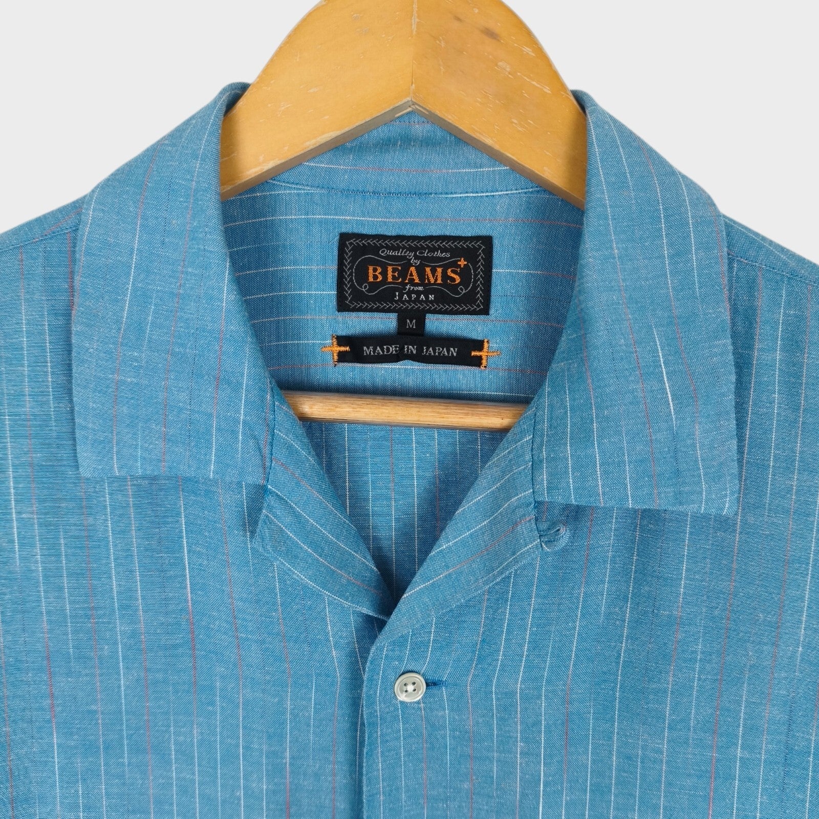 BEAMS PLUS Men's Made in Japan Rayon/Linen Striped Short Sleeved Shirt