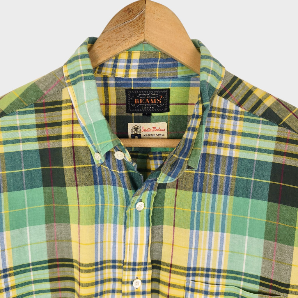 BEAMS PLUS Men's Made in Japan Indian Madras Check Button Down Shirt