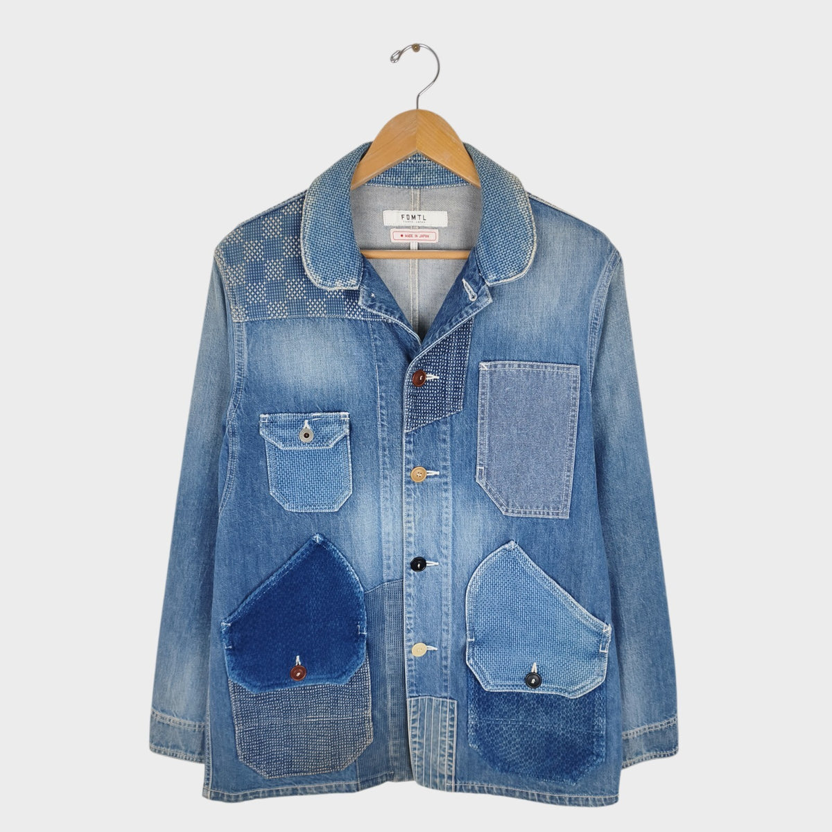 FDMTL Men's Blue Made in Japan Distressed Boro Sashiko Denim Chore Jacket