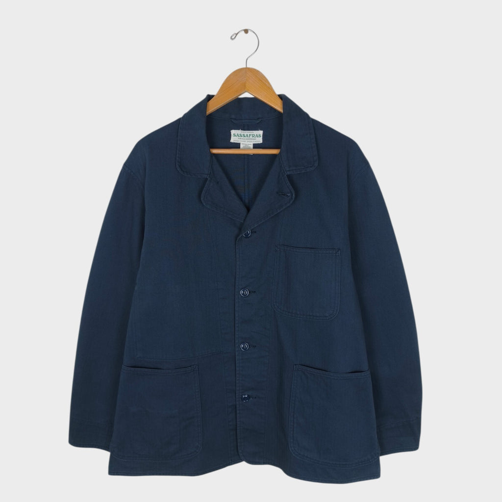 SASSAFRAS Men's Made in Japan Navy Herringbone Cotton Sprayer Chore Jacket