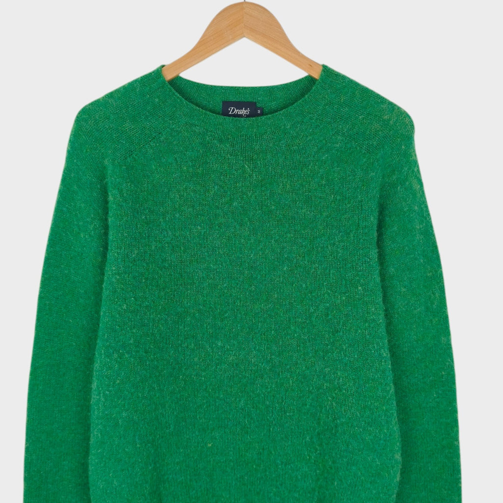 DRAKE'S Men's Made in Scotland Green Brushed Shetland Wool Crewneck Jumper