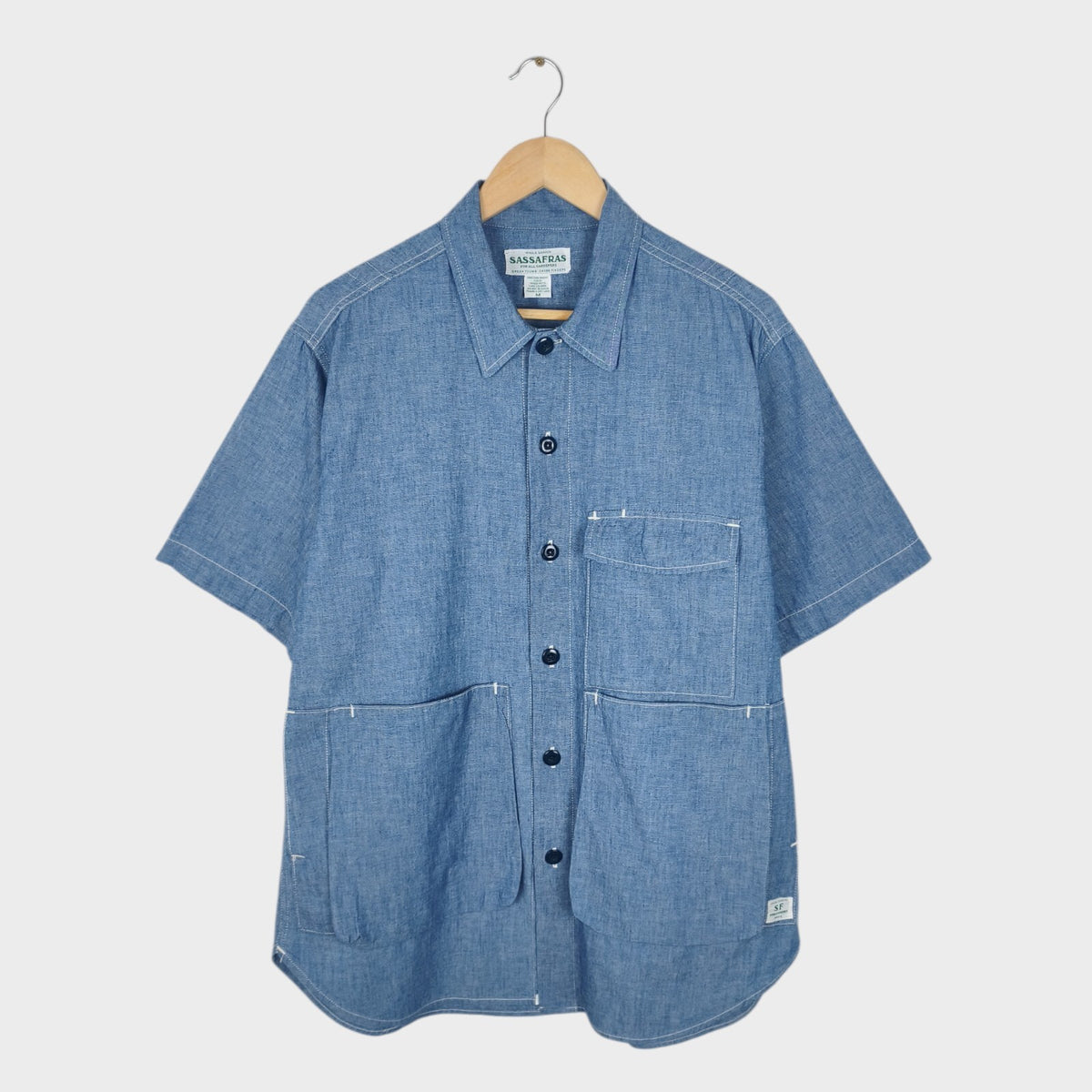 SASSAFRAS Men's Made in Japan Blue 5oz Chambray Digs Crew Half Shirt