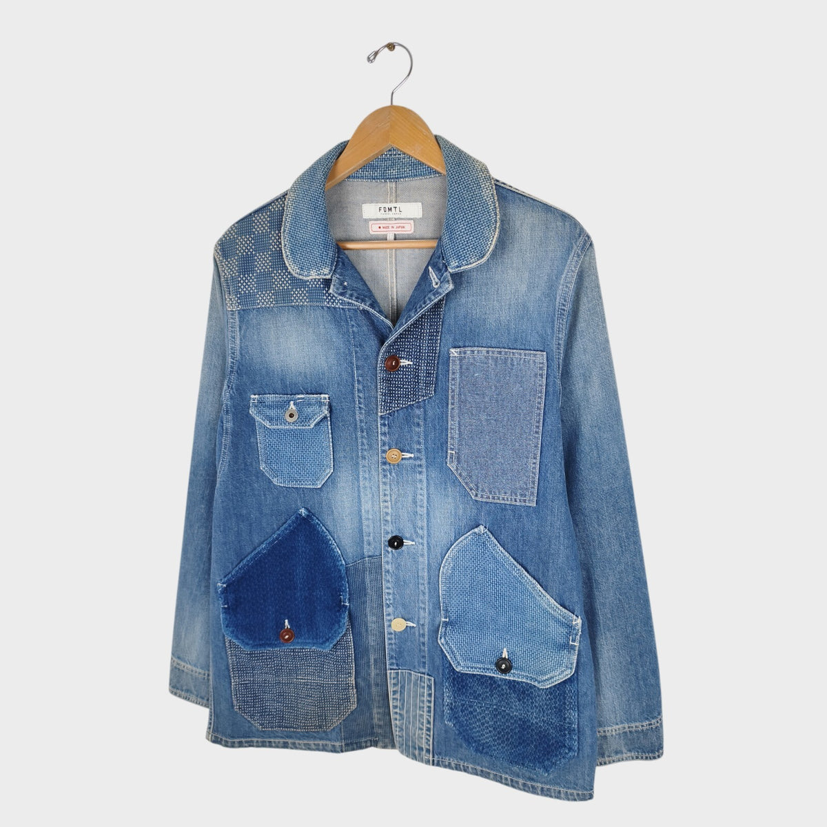 FDMTL Men's Blue Made in Japan Distressed Boro Sashiko Denim Chore Jacket