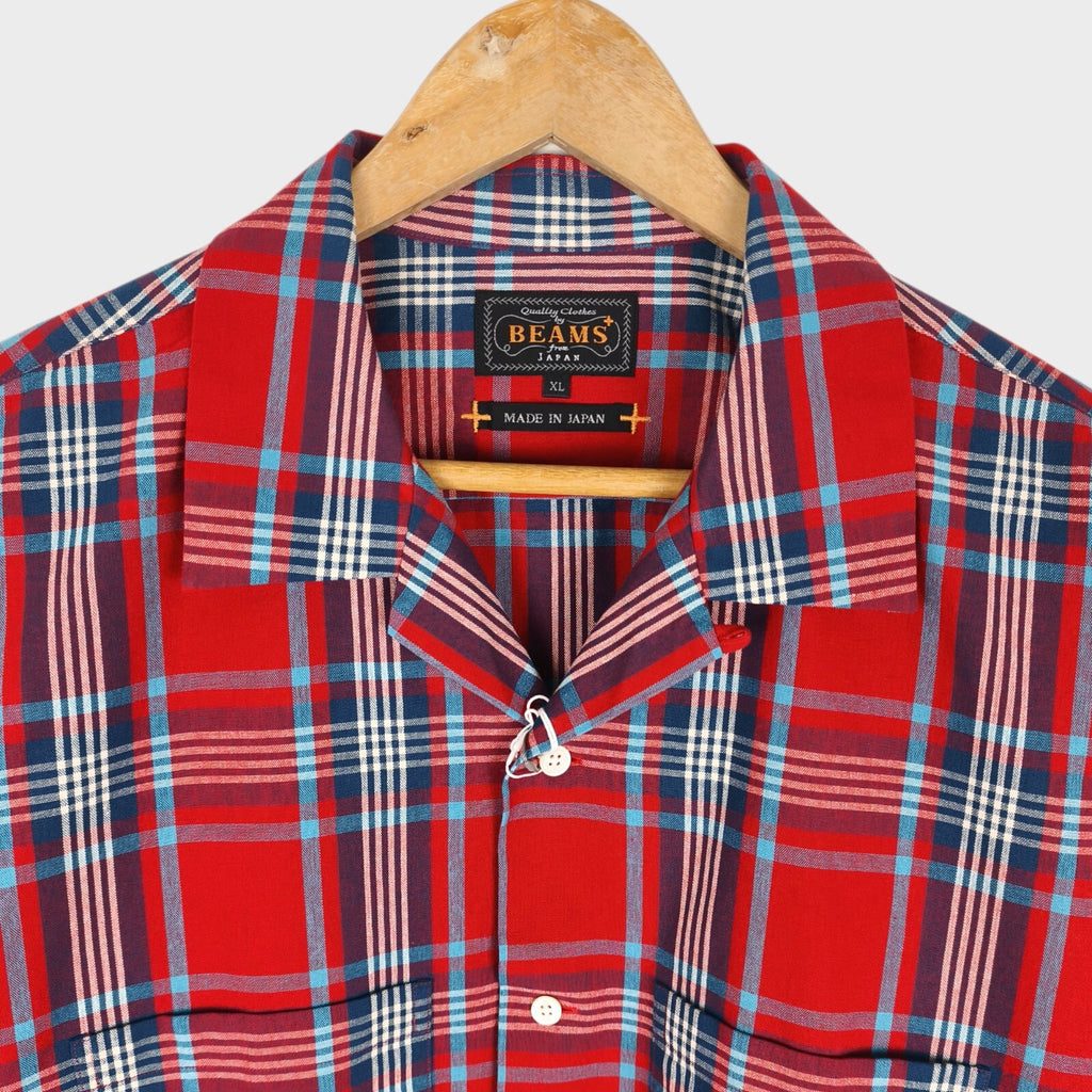 BEAMS PLUS Men's Made in Japan Cotton Red Checked Camp Collar Shirt