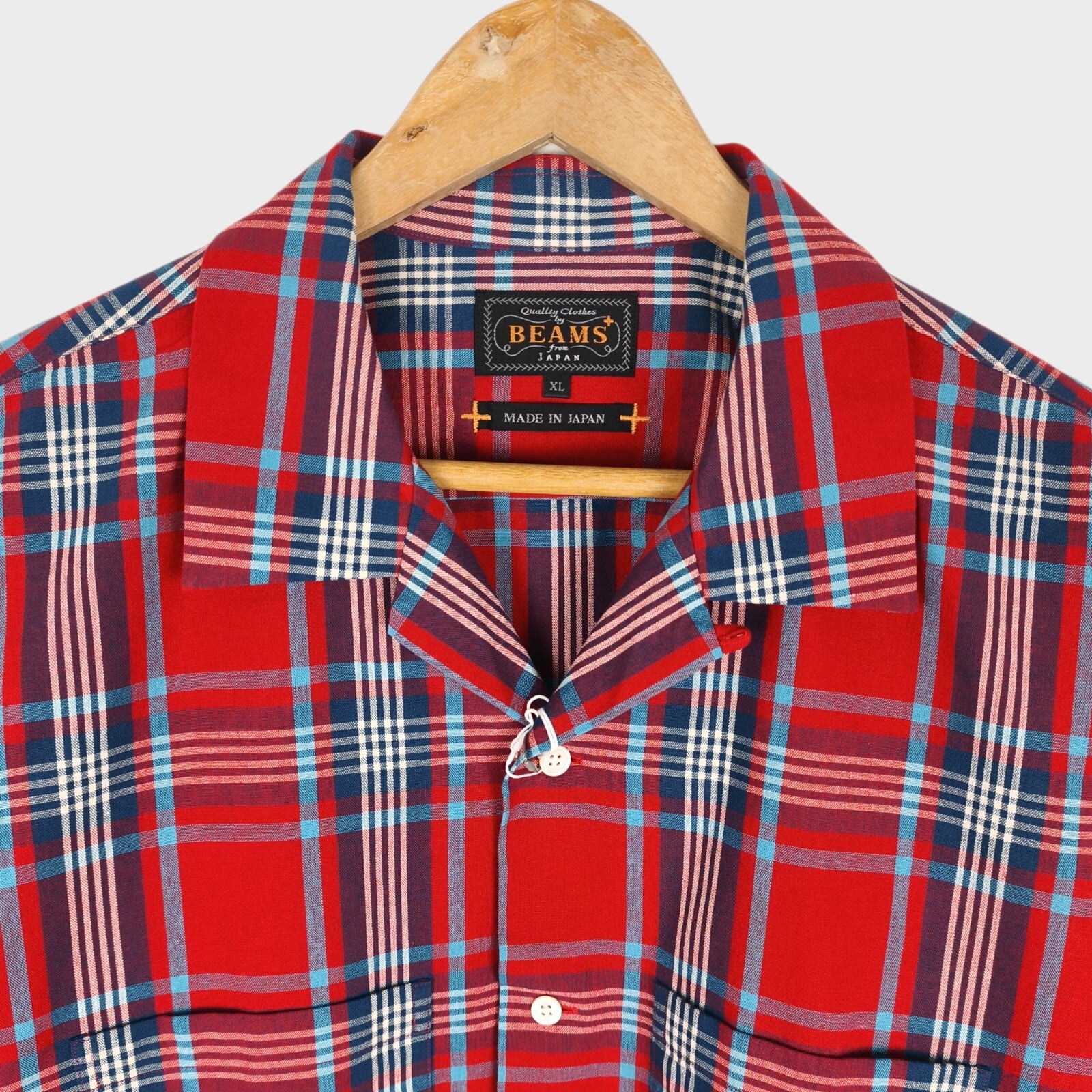 BEAMS PLUS Men's Made in Japan Cotton Red Checked Camp Collar Shirt