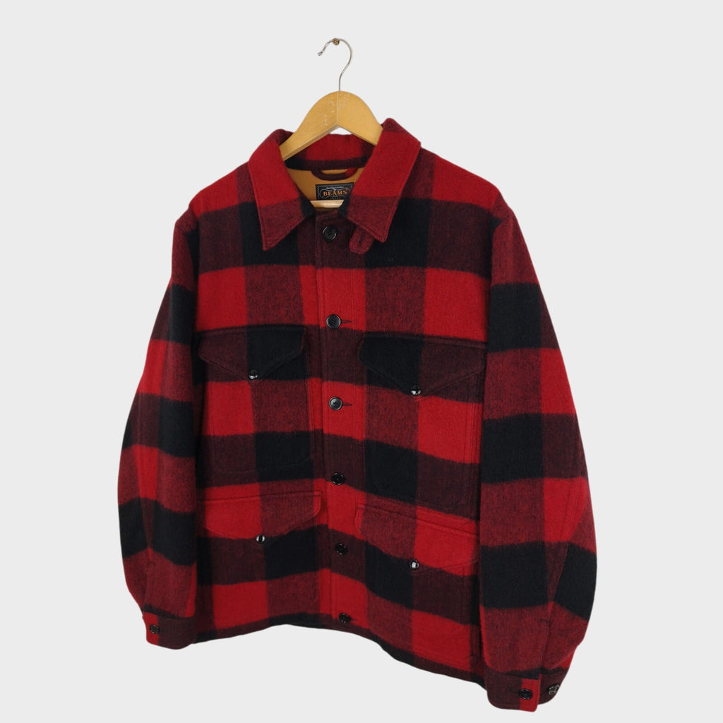 BEAMS PLUS Men's Red/Black Buffalo Wool Blend Check Mackinaw Cruiser Jacket