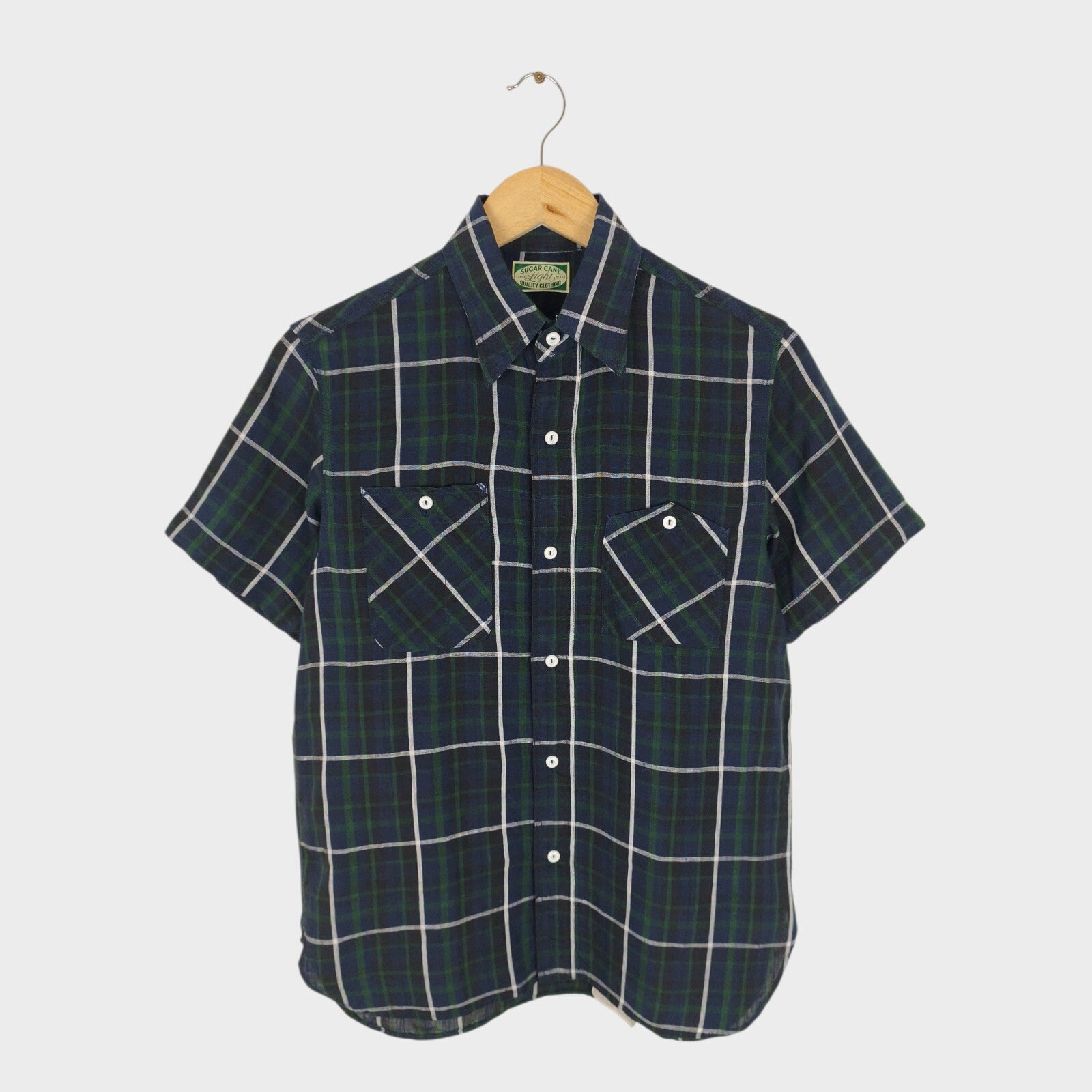 SUGAR CANE Men's Made in Japan Checked 100% Linen Short Sleeved Shirt