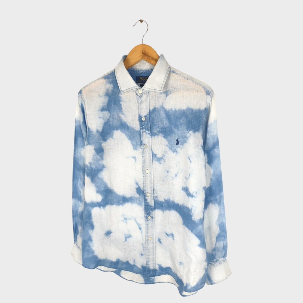 RALPH LAUREN Men's Blue/White Tie Dye 100% Linen Embroidered Logo Shirt