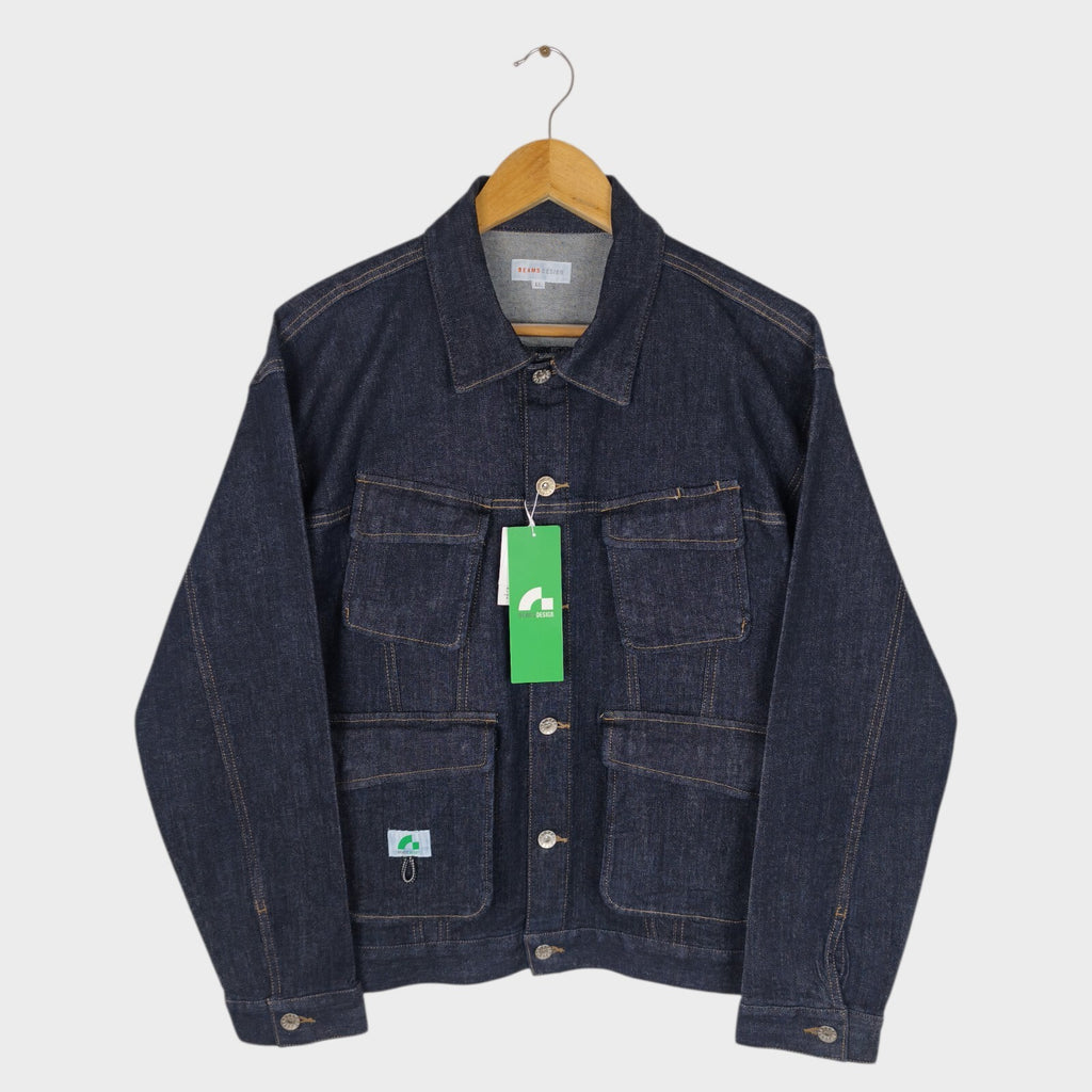 BEAMS Men's Dark Blue Cropped Denim Utility Chore Jacket