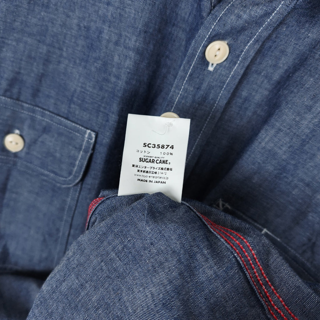 SUGAR CANE Men's Made in Japan Blue Chambray Short Sleeved Shirt