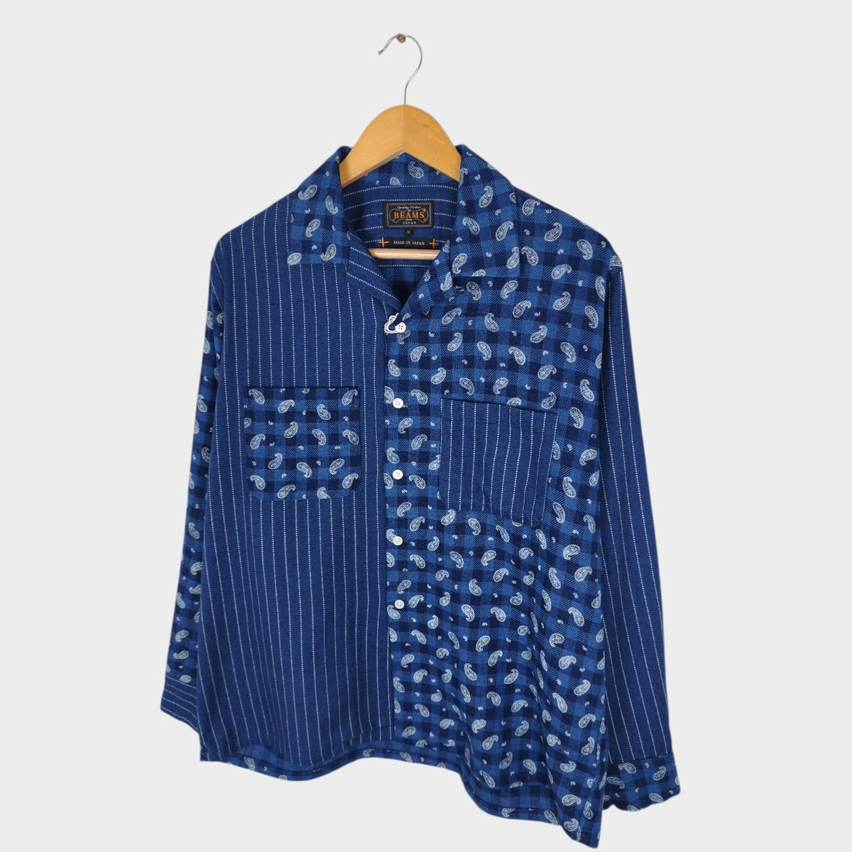 BEAMS PLUS Men's Made in Japan Blue Patchwork Flannel Shirt