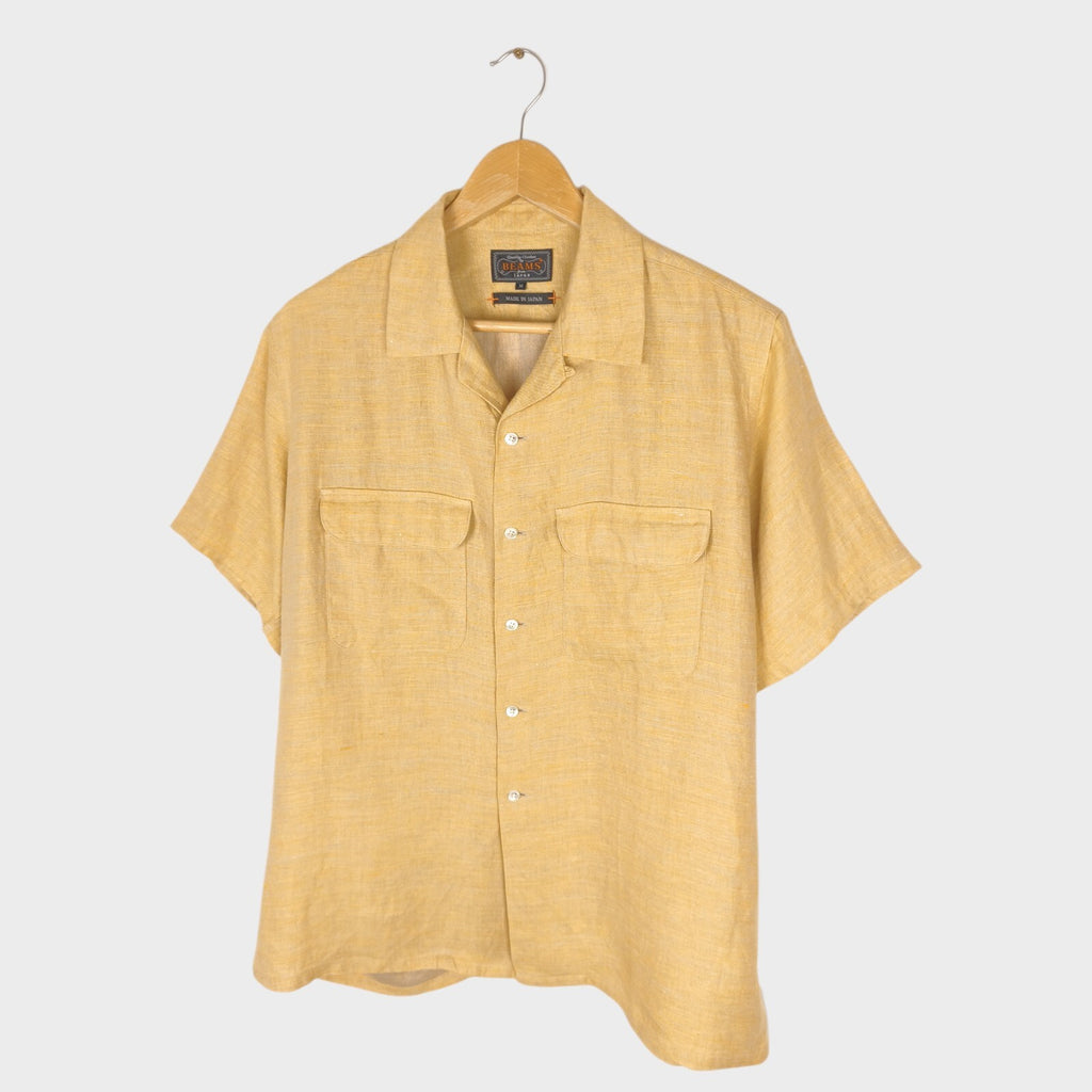 BEAMS PLUS Men's Made in Japan 100% Linen Camp Collar Vacation Shirt
