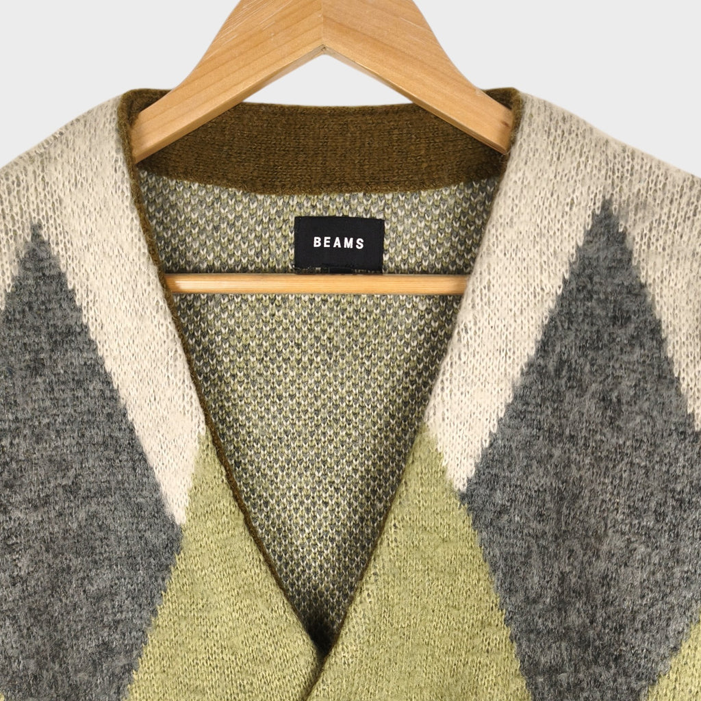 BEAMS Men's Argyle Wool Blend Shaggy Grunge Cardigan
