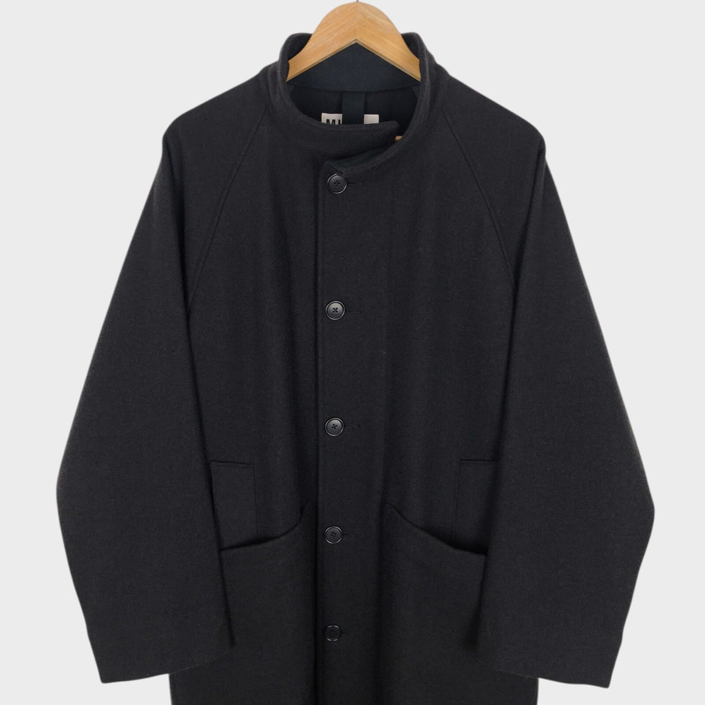 MHL MARGARET HOWELL Men's Grey Heavyweight 100% Melton Wool Stand Collar Coat