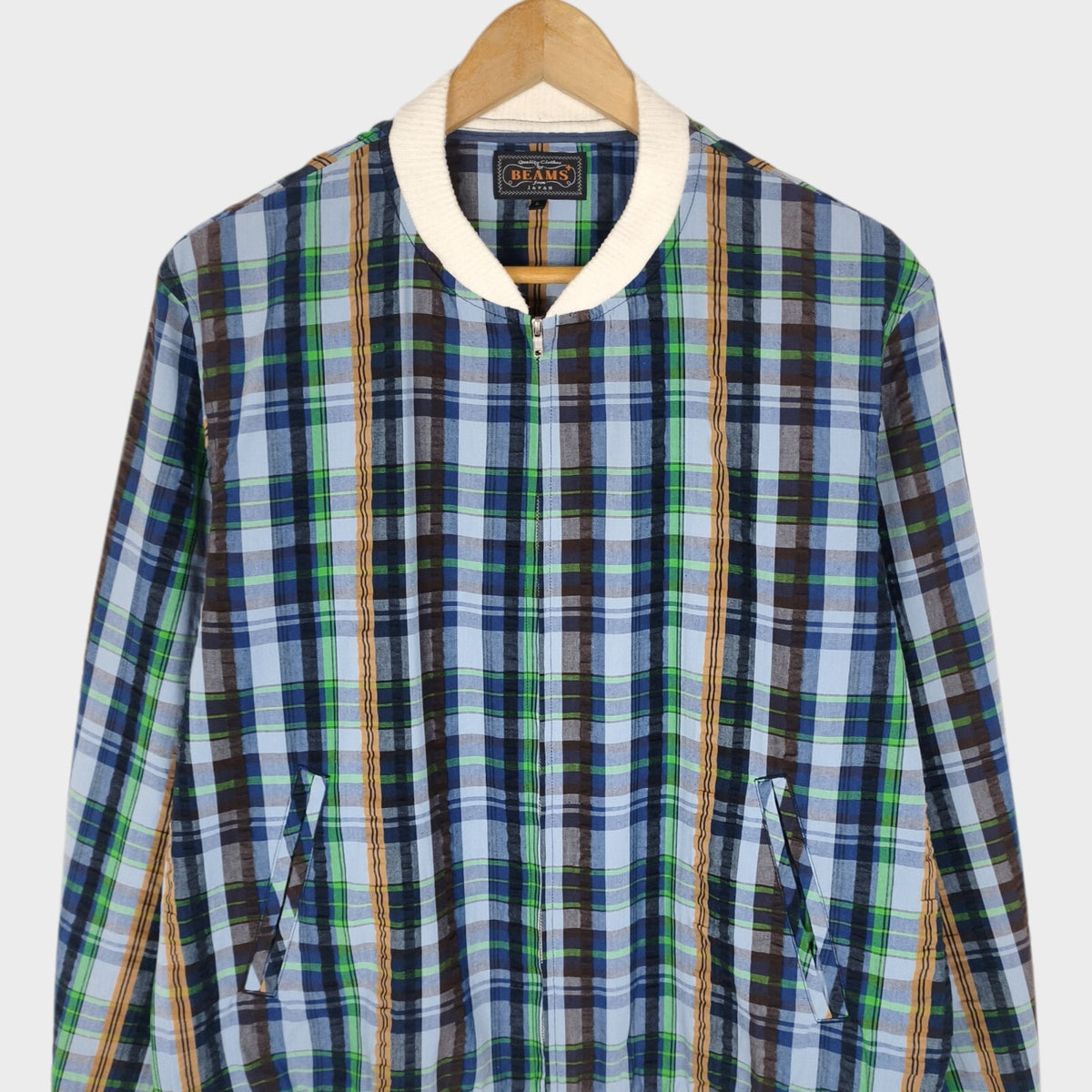 BEAMS PLUS Men's Multicoloured Checked Seersucker Bomber Jacket