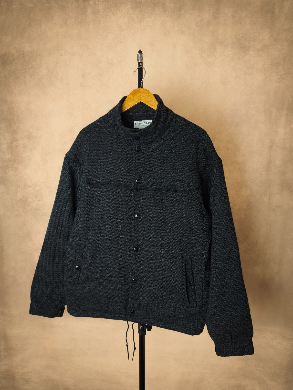 SASSAFRAS Men's Made in Japan Grey Gardener Cap Wool Herringbone Blanket Jacket