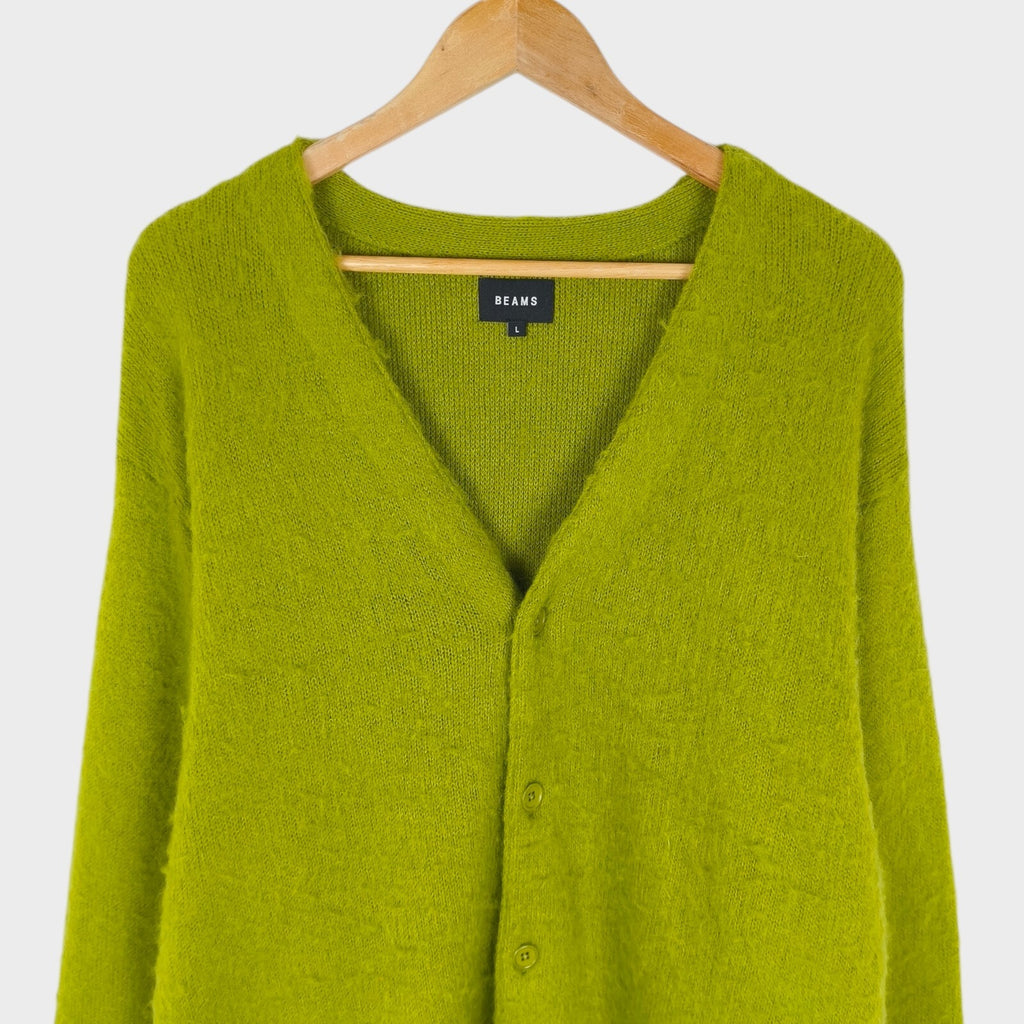 BEAMS Men's Lime Green Mohair Blend Shaggy Grunge Cardigan