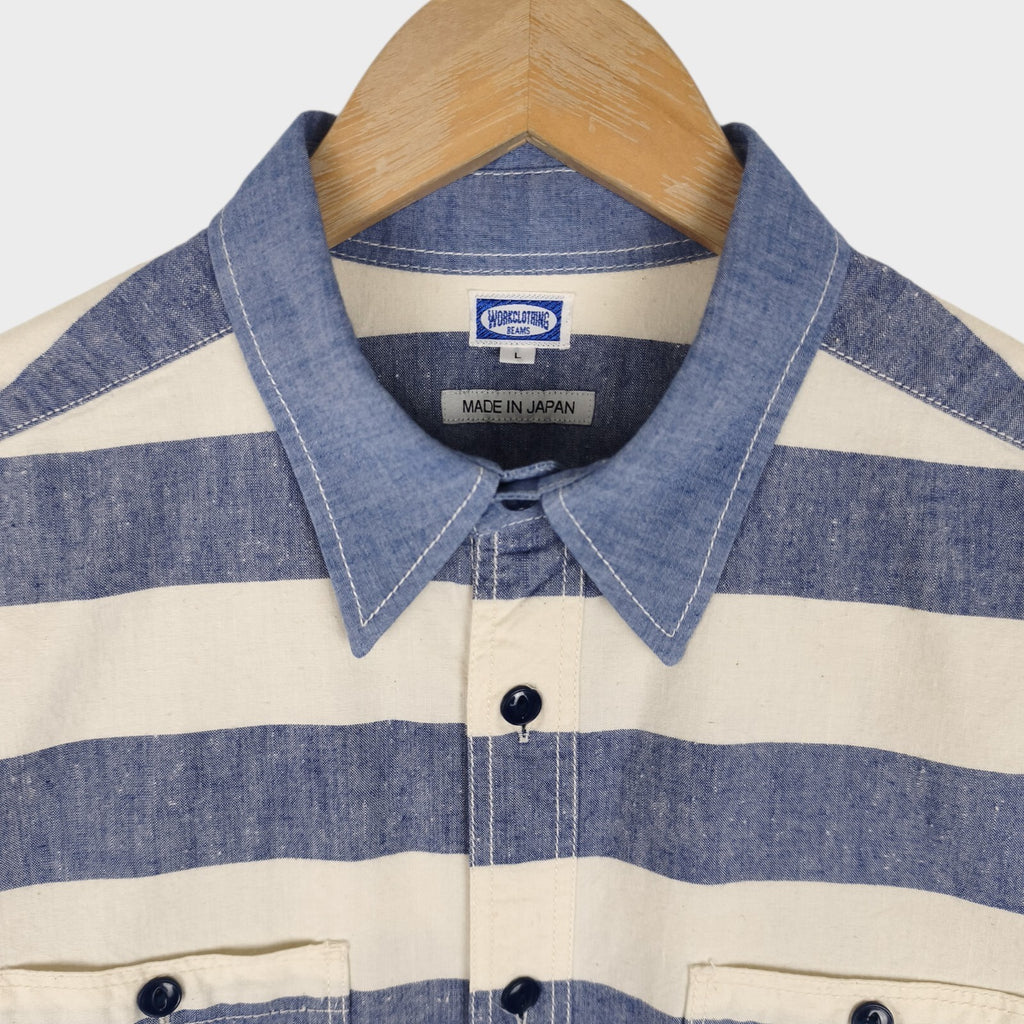 BEAMS WORK CLOTHING Men's Made in Japan Ecru/Blue Striped Short Sleeved Shirt
