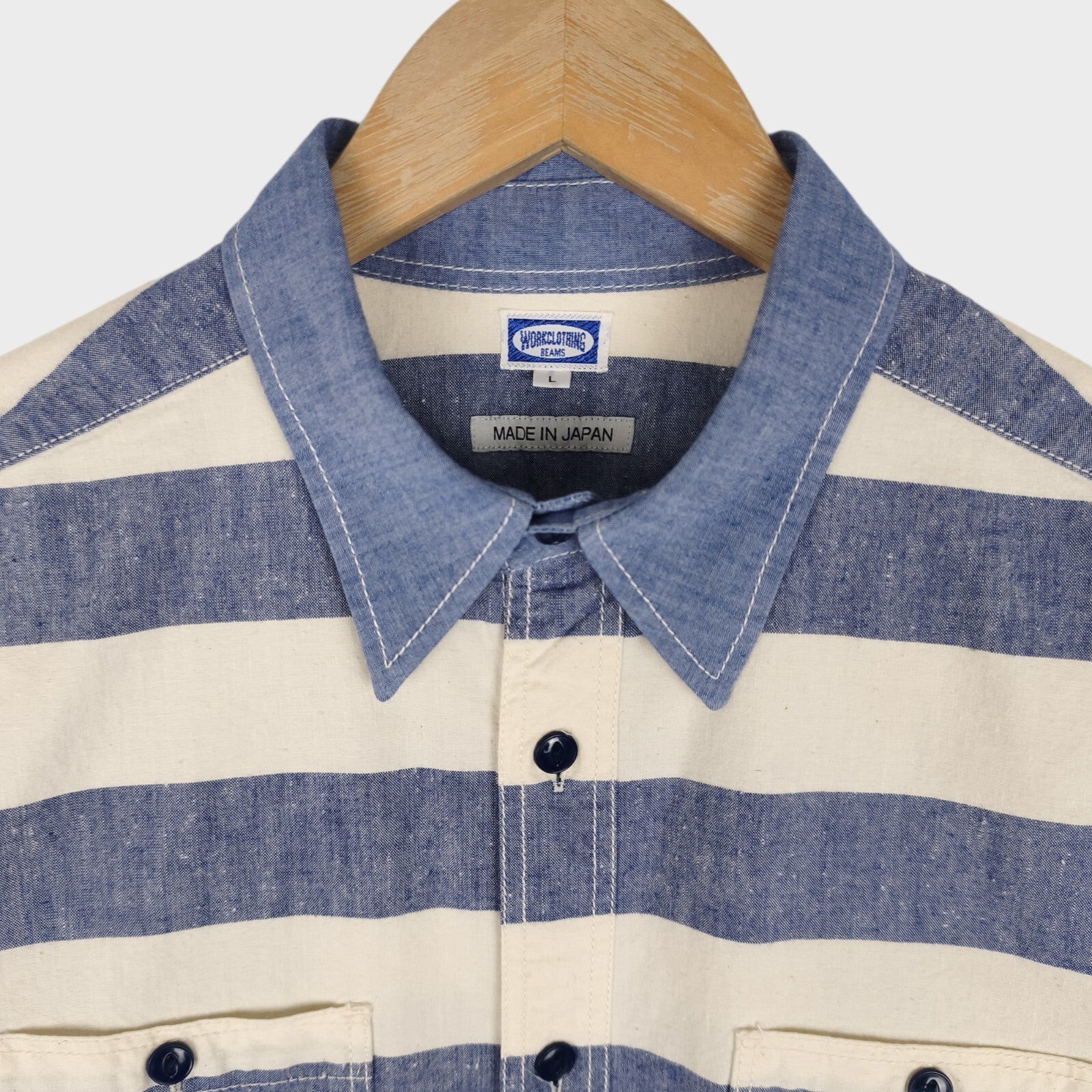 BEAMS WORK CLOTHING Men's Made in Japan Ecru/Blue Striped Short Sleeved Shirt