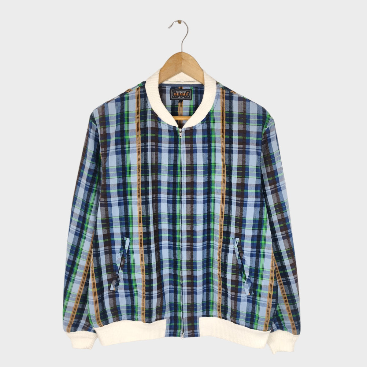 BEAMS PLUS Men's Multicoloured Checked Seersucker Bomber Jacket